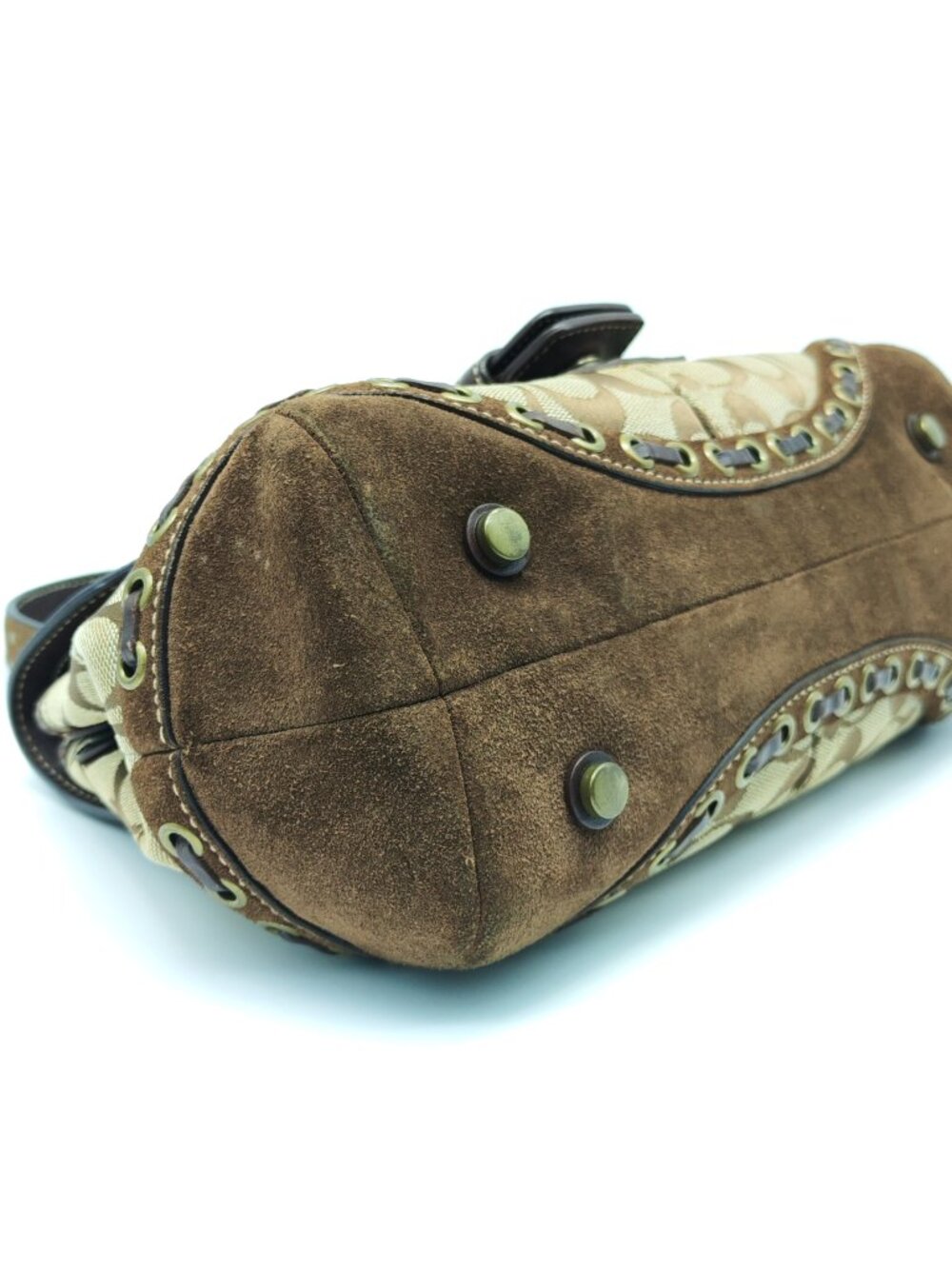 Coach Soho Signature Canvas Suede Buckle Flap Satchel Handbag Brown Studded Y2K - Picture 5 of 15